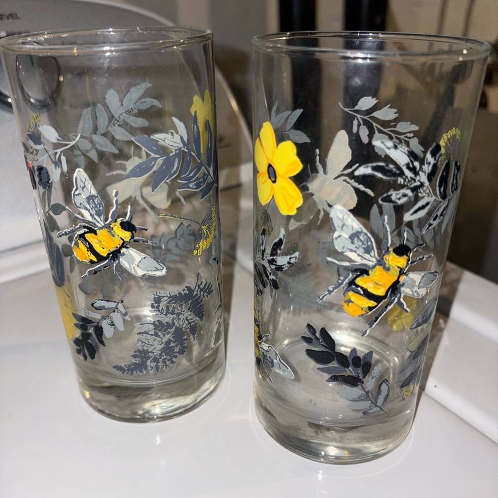 Hand painted 2 Floral and Bee Glasses